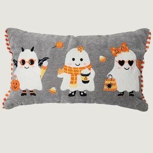Halloween Ghost Lumbar Pillow Gray Embroidered Candy Corn Pumpkin Fall 14x24 NEW